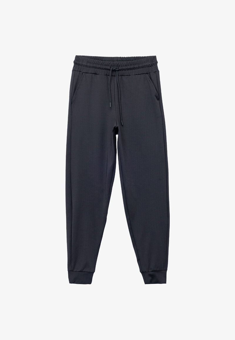 Donkergrijze joggerbroek van een zachte stof, met een elastische tailleband met een trekkoord, zijzakken en ribgebreide manchetten.