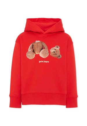 Felpa rossa con cappuccio con la grafica di un orsacchiotto decapitato e il testo "palm angels" sotto la grafica sul petto.
