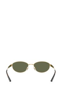 Occhiali da sole ovali con lenti verde scuro, montatura in metallo dorato e terminali delle aste neri e testurizzati; dotati di naselli regolabili e design minimalista.