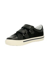 Zwarte sneaker met een bovenwerk van leer en vilt, voorzien van twee klittenbandstraps, een ronde teen en een witte rubberen zool met een gestructureerd patroon.