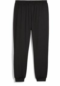 Svarta sweatpants tillverkade av mjukt, lätt material; elasticitet i midjan och vid bensluten; enkel design utan ytterligare mönster eller detaljer.