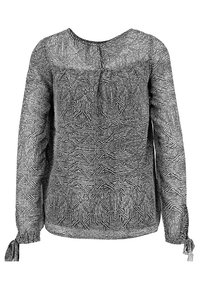 Blusa a maniche lunghe bianca e nera con un colletto rotondo, parte anteriore arricciata e dettagli con lacci alle estremità delle maniche. Tessuto trasparente con un design strutturato.