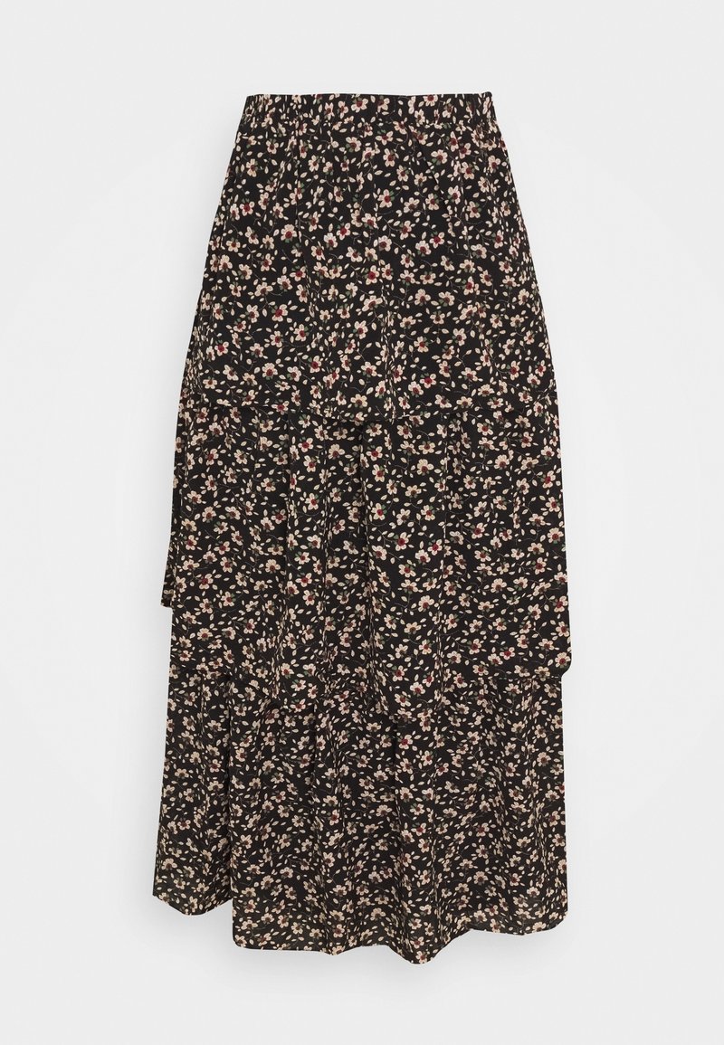 Jupe maxi noire à fleurs avec un design en couches, présentant un petit motif floral dans des teintes de rose et de crème. Taille élastique pour le confort.