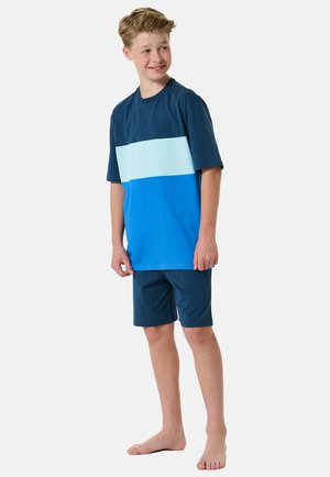 Short-sleeve shirt featuring navy blue, light blue, and aqua horizontal stripes, paired with dark blue shorts, made of soft, breathable material.