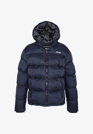 Marineblå dunjakke med hætte, med lynlås, vandret syninger og Schott-logo på brystet; glat syntetisk materiale.