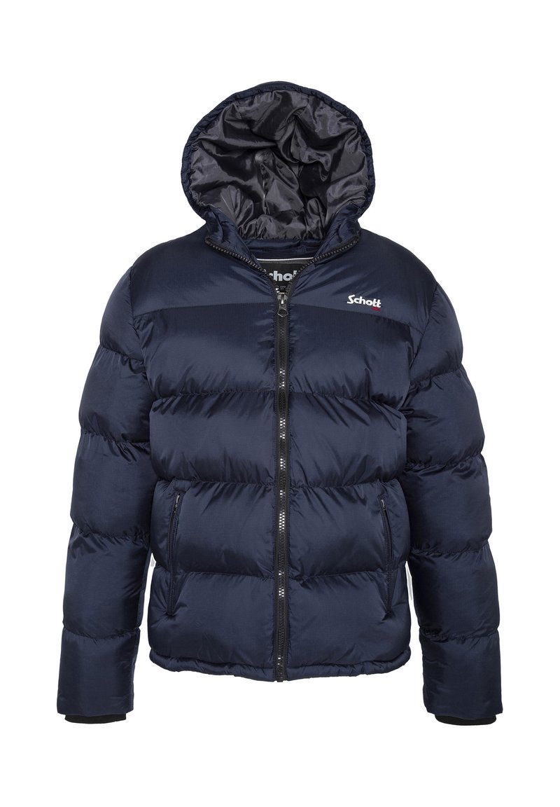 Chaqueta de plumón navy con capucha, que presenta un cierre de cremallera, costuras horizontales y el logo de Schott en el pecho; material sintético suave.