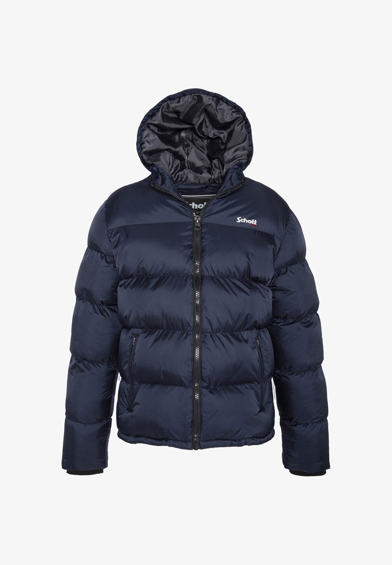 Chaqueta de plumón navy con capucha, que presenta un cierre de cremallera, costuras horizontales y el logo de Schott en el pecho; material sintético suave.
