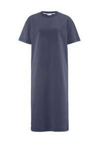 Abito a tunica in cotone blu navy con maniche corte, vestibilità rilassata, scollatura rotonda e un piccolo logo sul petto.