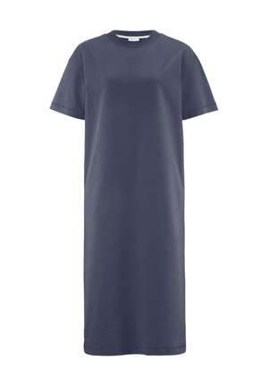 Navyblaue Baumwoll-T-Shirt-Kleid mit kurzen Ärmeln, lockerer Passform, rundem Ausschnitt und einem kleinen Logodetail auf der Brust.