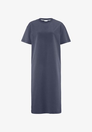 Navyblaue Baumwoll-T-Shirt-Kleid mit kurzen Ärmeln, lockerer Passform, rundem Ausschnitt und einem kleinen Logodetail auf der Brust.