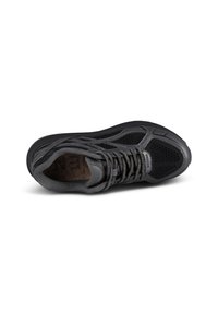 Black athletic shoe featuring a mesh upper, textured rubber sole, and a lace-up design. The interior is lined with a cork-like material.