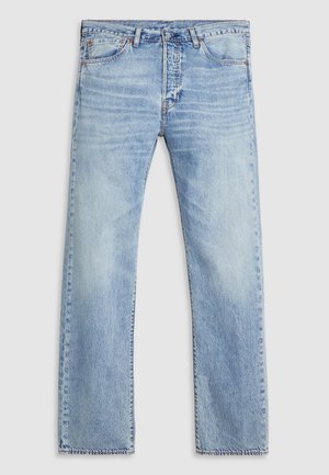 Light blue straight-leg denim jeans with five pockets, button closure, and subtle fading on front thighs and knees.