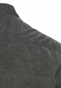 Men's shirt featuring a textured dark gray fabric with a fine striped pattern, folded collar, and a smooth finish on the shoulders.