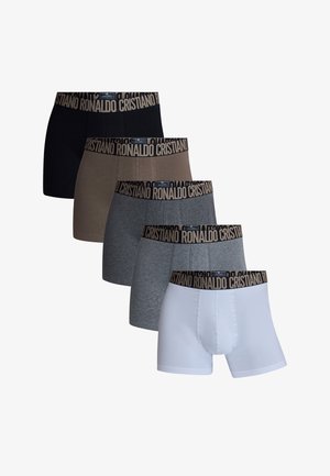 Fünf Paare Boxer-Briefs in Schwarz, Beige, Grau und Weiß. Jedes Modell hat einen schwarzen Bund mit der Marke "Cristiano Ronaldo".