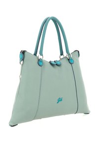 Borsa a mano in pelle verde menta con due manici turchesi, ferramenta argentata, cerniera nera a contrasto e logo discreto sul davanti.