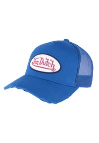 Casquette bleue avec un devant usé, un dos en maille et un patch ovale blanc avec l'inscription "Von Dutch" en rouge. Sangle ajustable à l'arrière.