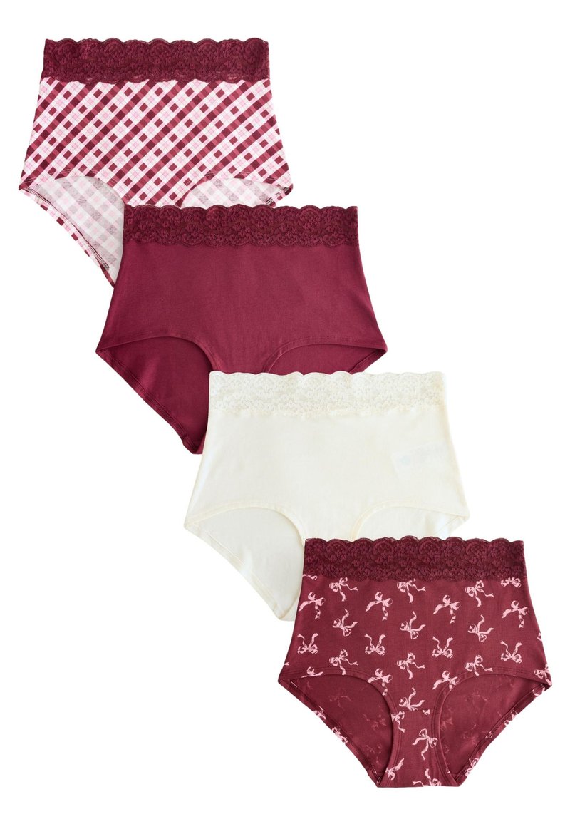 Conjunto de cuatro calzones de mujer de cintura alta. Materiales incluyen algodón y encaje. Colores: rojo con cuadros, granate sólido, crema y granate estampado.