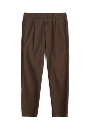 Hnědé zúžené kalhoty vyrobené z texturované látky, s knoflíkovým zapínáním, poutky na opasek a bočními kapsami. Hladký povrch bez vzorů.