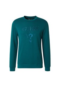 Sudadera en color verde azulado, confeccionada en un tejido suave, con cuello redondo, mangas largas y un logo en relieve de "GUESS" con un diseño de signo de interrogación en la parte frontal.