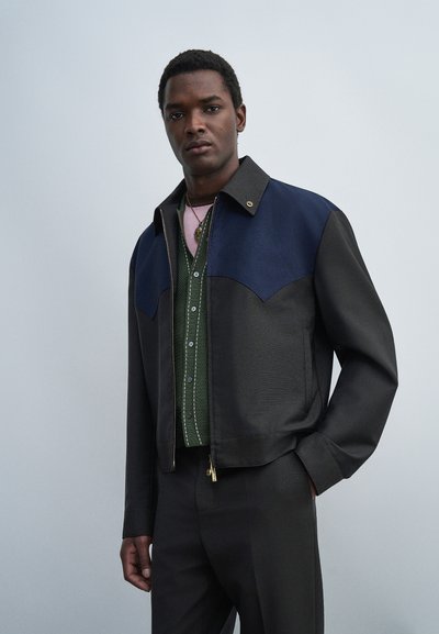 Homme portant une veste sombre avec un empiècement bleu marine, un cardigan vert boutonné et une chemise rose, debout une main dans la poche sur un fond uni.