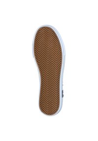 Suola di sneaker con una parte superiore in gomma bianca e una suola marrone texturizzata con motivo a spina di pesce per garantire aderenza. I bordi sono lievemente sollevati.