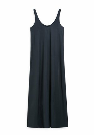 Abito lungo nero senza maniche con scollo rotondo, taglio dritto e tessuto leggero su sfondo bianco.