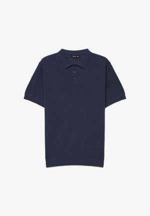 Polo a maniche corte color blu navy. Realizzata in tessuto strutturato con colletto, patta con tre bottoni e polsini a coste. Design semplice.
