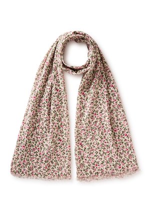 Hellbeiger Schal mit Muster aus kleinen rosa Blumen und grünen Blättern, locker gefaltet mit Fransen an den Rändern auf weißem Hintergrund.