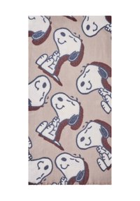 Fleece-Decke mit einem sich wiederholenden Cartoon-Hundedesign auf einem beigen Hintergrund. Die Hunde haben schwarze Akzente und braune Details an den Ohren und Halsbändern.