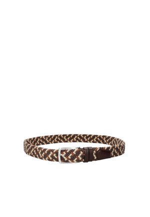 Pleciony tkany pasek w odcieniach brązu, beżu i kremu ze srebrną prostokątną klamrą i skórzanymi akcentami.