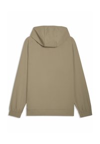 Ανοιχτό καφέ μπουφάν με κουκούλα, με λεία υφή, ελαστικά τελειώματα στα μανίκια και απλό σχέδιο. Οπίσθια όψη χωρίς ορατά εξαρτήματα.