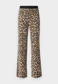 Leopard print pants with a fitted black waistband, made from soft fabric. Wide-leg silhouette with varying shades of tan and brown spots.