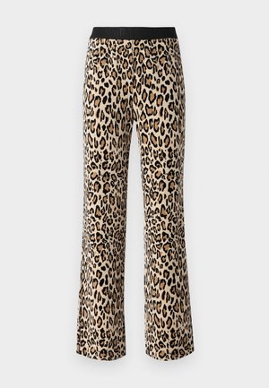 Leopardenmuster-Hosen mit einem eng anliegenden schwarzen Taillengummi, aus weichem Material gefertigt. Weit geschnittene Silhouette mit unterschiedlichen Schattierungen von Beige und braunen Flecken.
