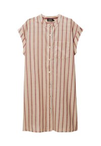 Chemise à manches courtes en tissu rayé, avec des couleurs pastel de rose, jaune et bleu, comportant un col et un boutonnage à l'avant.