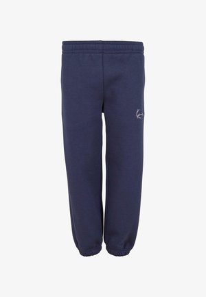 Sötétkék melegítőnadrág puha pamut keverék anyagból. Rugalmas derékkal és keskenyített szegőkkel rendelkezik, az oldalán egy kis fehér logó található.