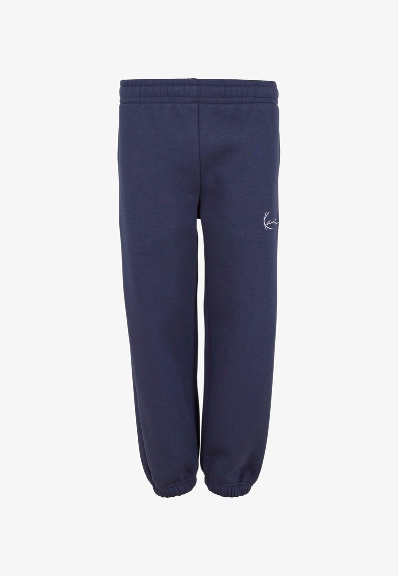 Námornícke modré tepláky vyrobené z mäkkej bavlnenej zmesi. Majú elastický pás a zúžené manžety, s malým bielym logom na boku.