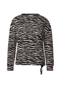 Pull �à rayures zèbre noir et beige à manches longues avec un col rond et un lien ajustable à l'ourlet, fabriqué en tissu doux.