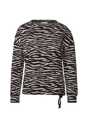 Pull à rayures zèbre noir et beige à manches longues avec un col rond et un lien ajustable à l'ourlet, fabriqué en tissu doux.