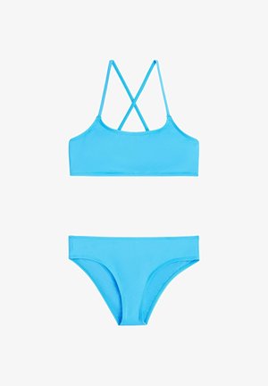 Blaues zweiteiliges Bikini-Set mit überkreuztem Rückendesign. Glatter Stoff mit matter Oberfläche. Einfaches Bralette-Oberteil und passende Hüftslip-Hose.