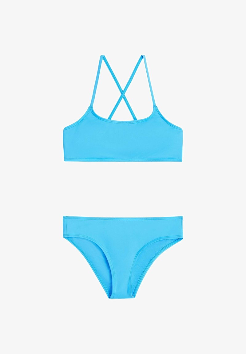 Blaues zweiteiliges Bikini-Set mit überkreuztem Rückendesign. Glatter Stoff mit matter Oberfläche. Einfaches Bralette-Oberteil und passende Hüftslip-Hose.