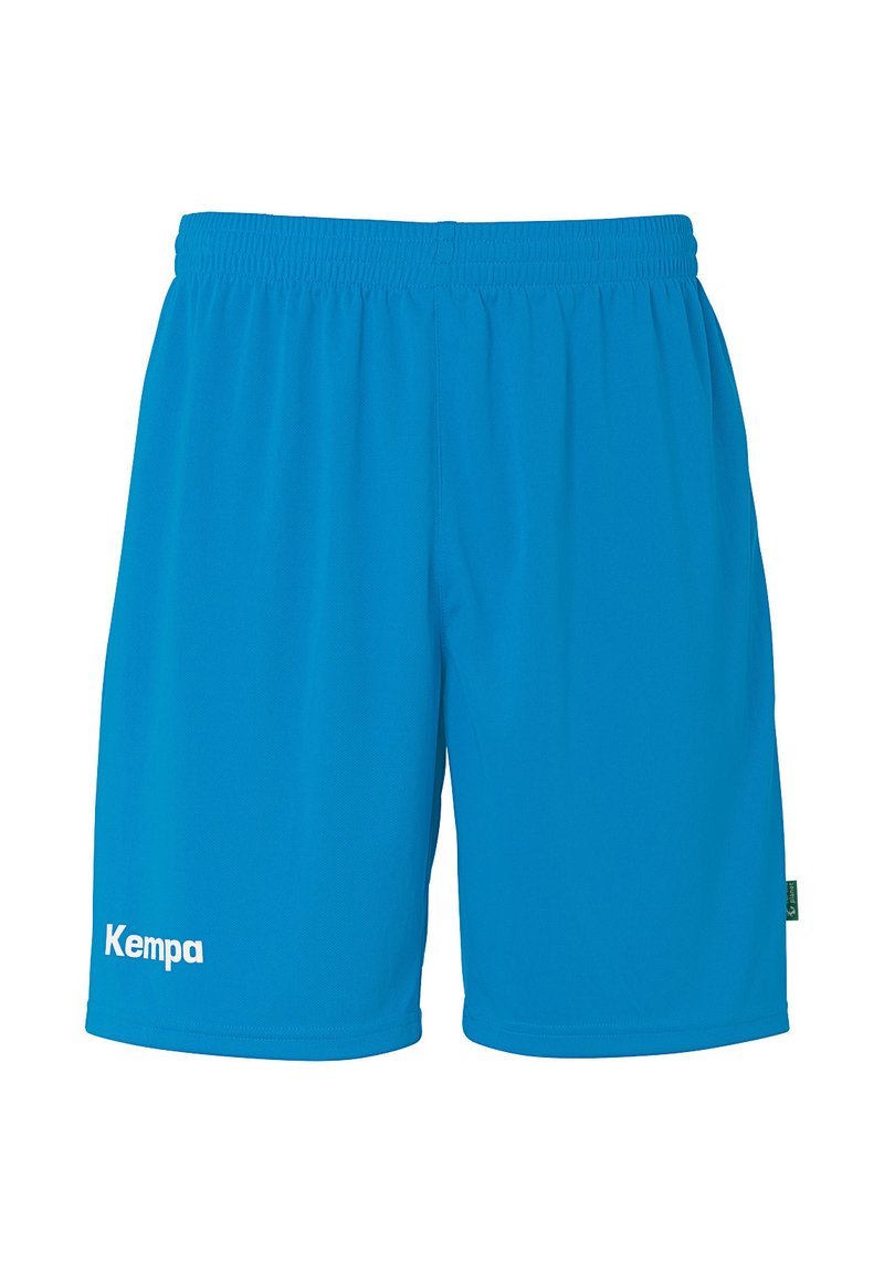 Blaue Sportshorts aus leichtem Material mit elastischem Bund. Mit dem weißen "Kempa"-Logo auf dem linken Bein.