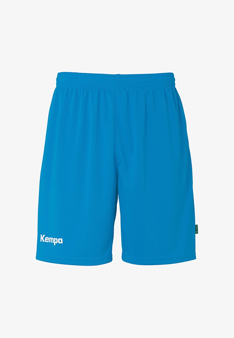 Blaue Sportshorts aus leichtem Material mit elastischem Bund. Mit dem weißen "Kempa"-Logo auf dem linken Bein.