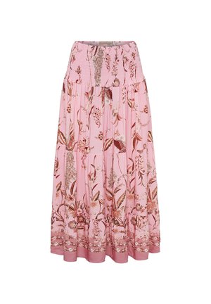 Lyserød blomster maxi nederdel med elastisk linning og lagdelt design med brune og hvide botaniske og fuglemønstre.