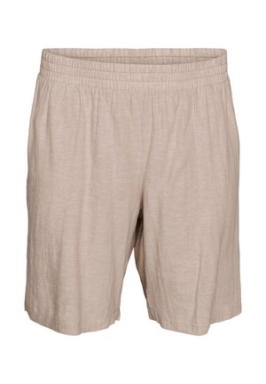 Béžové šortky s elastickým pasem, volným střihem a lehkou, texturovanou tkaninou.