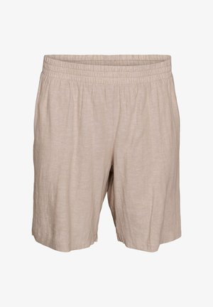 Beežid elastse vöökohaga lühikesed püksid, millel on lõdvestunud lõige ja kerge, tekstureeritud kangas.