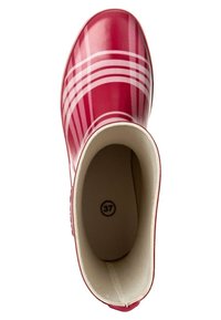 Punainen kuminen sadetossu, jossa valkoiset vaakaraidat, pyöreä kärki ja sileä ulkopinta. Sisäpuoli on beigen värinen ja siinä näkyy kokomerkintä "37".