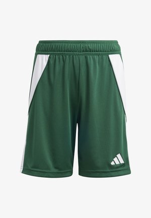 Vihreät urheilushortsit valkoisilla sivupaneeleilla, joustava vyöosa ja tekstuurinen kangas. Vasen alaosa esittee Adidas-logon valkoisena.