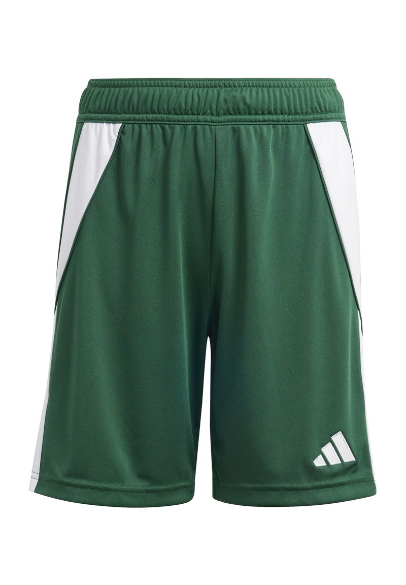 Gröna sportshorts med vita sidopaneler, elastisk midja och textilstruktur. Har Adidas-logotypen i vitt längst ner till vänster.