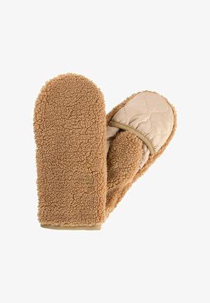 Tannfarbene Fäustlinge mit einer weichen, flauschigen Außenseite und einem gesteppten, helleren Innenfutter, mit einem elastischen Bündchen am Handgelenk für einen passenden Sitz.