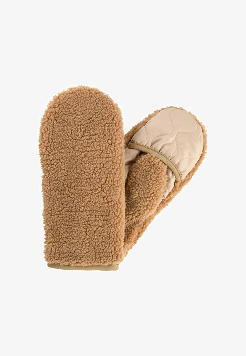 Tan mittens featuring a soft, fluffy exterior and a quilted, lighter-colored inner lining, with elastic at the wrist for a snug fit.